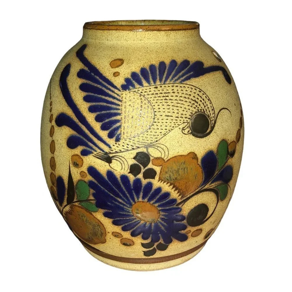 Vintage TONALA 8" Mexico Folk Art Sandstone Pottery Floral Bird Flowers Vase
